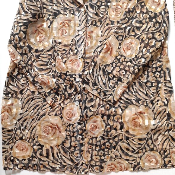 Fitting Image Sheer Button Up Rose Animal Print Tunic Gold Black Size 18 - Picture 9 of 11